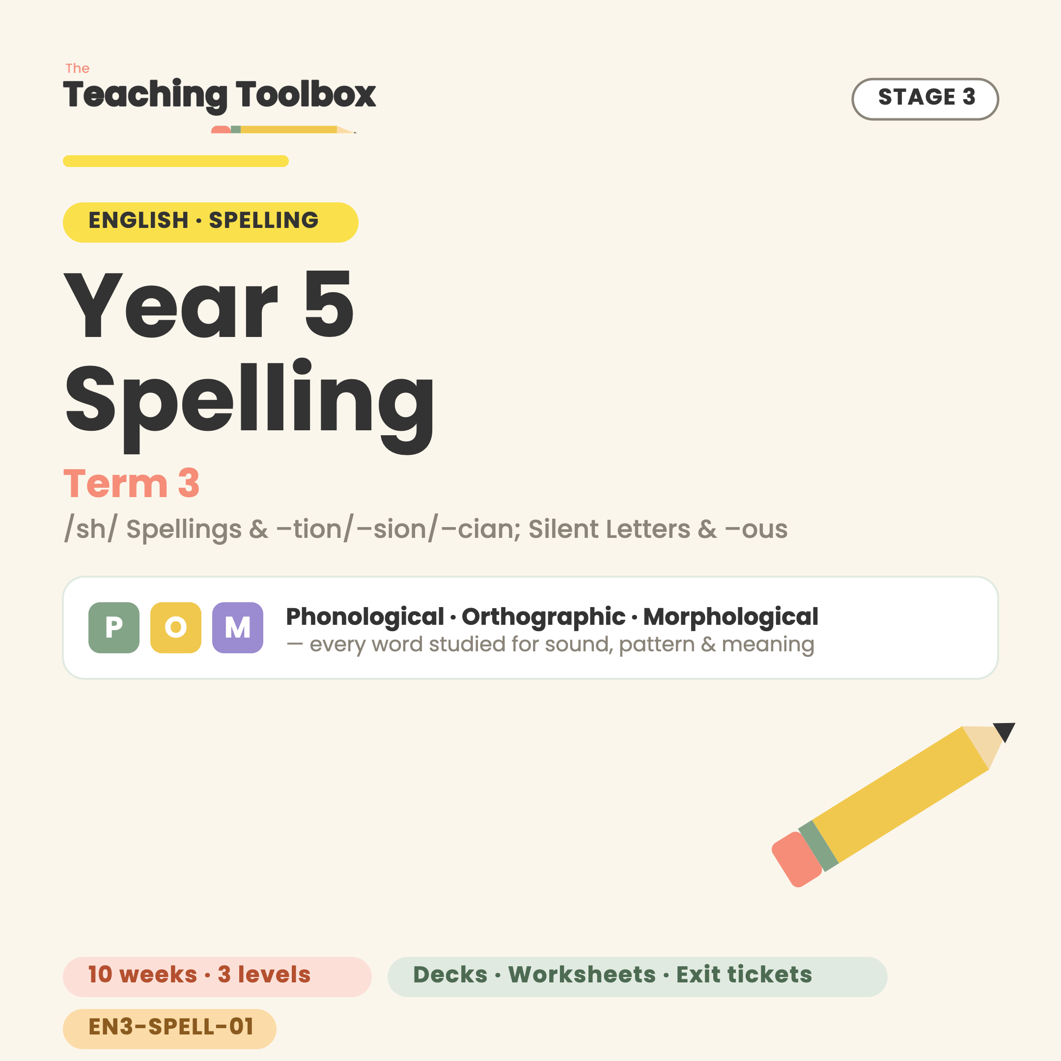 /sh/ Spellings & –tion/–sion/–cian; Silent Letters & –ous — SPELL-Y5T3 cover